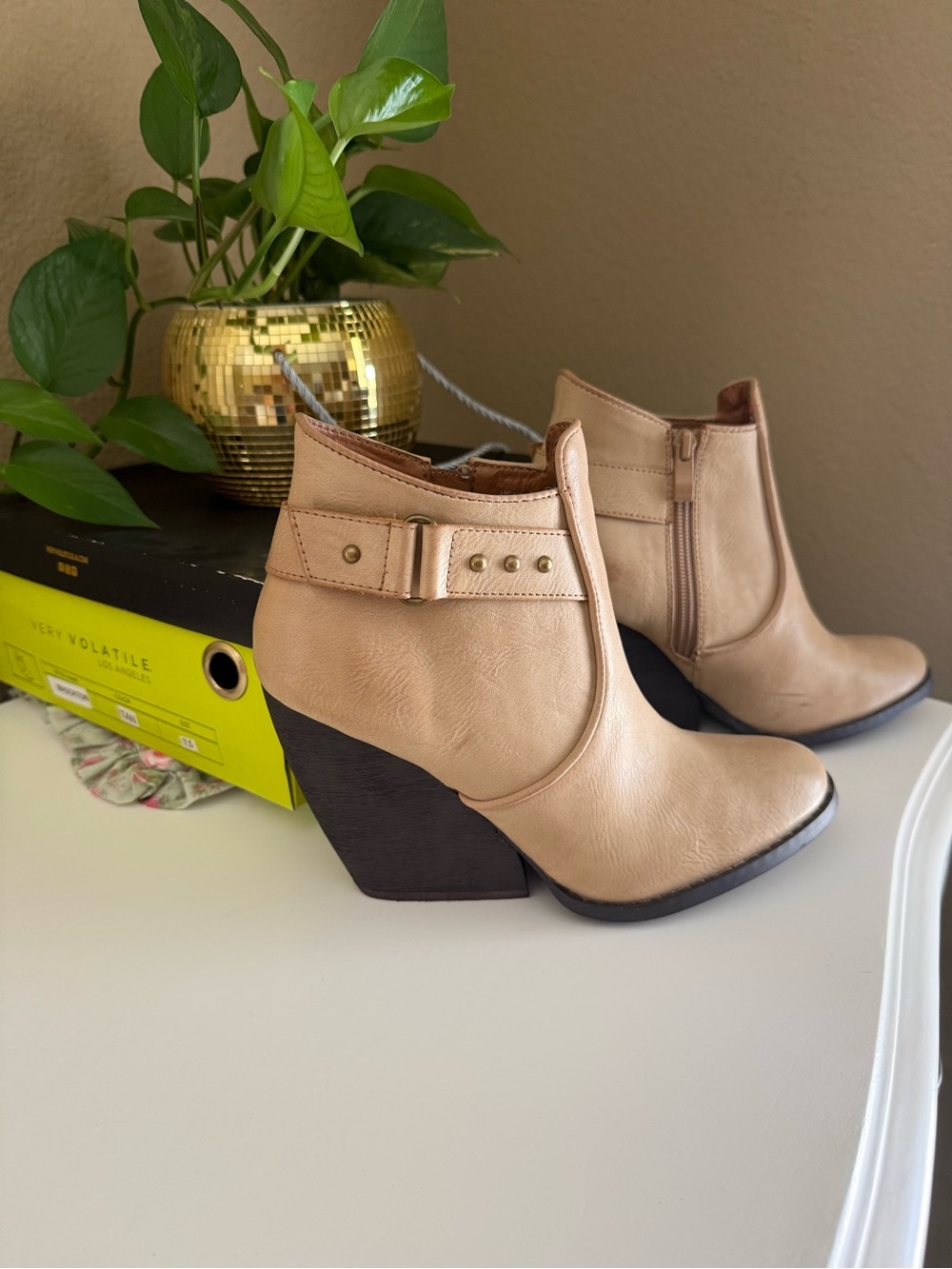 Very Volatile Tan/Beige Ankle Booties with Block Heel